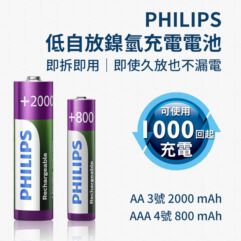 PHILIPS 低自放 鎳氫 充電電池  3號 4號 單顆入 800mAh  2000mAh 即拆即用