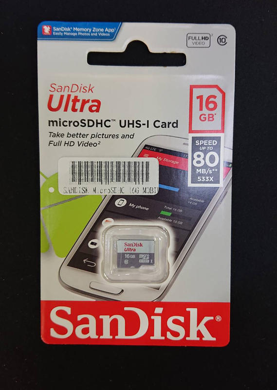 SanDisk ULTRA Micro SDHC 16G/Class10/80MB/s/無轉接卡