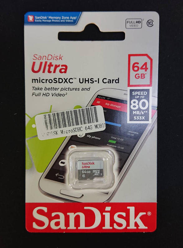 SanDisk ULTRA Micro SDXC 64G/Class10/80MB/s/無轉接卡