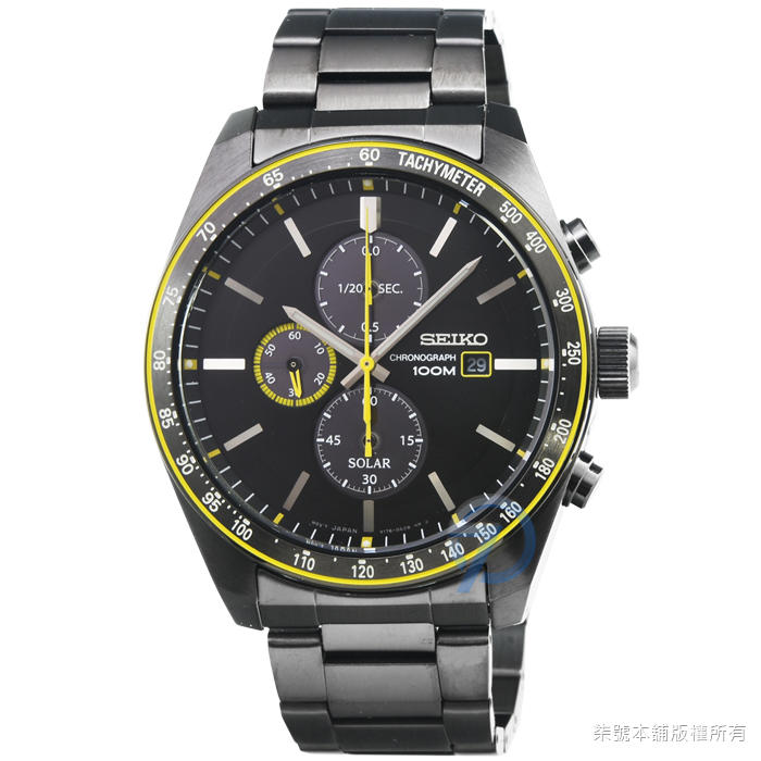 【柒號本舖】SEIKO精工太陽能大錶徑雙時區三眼計時鬧鈴鋼帶錶-IP黑 # SSC723P1