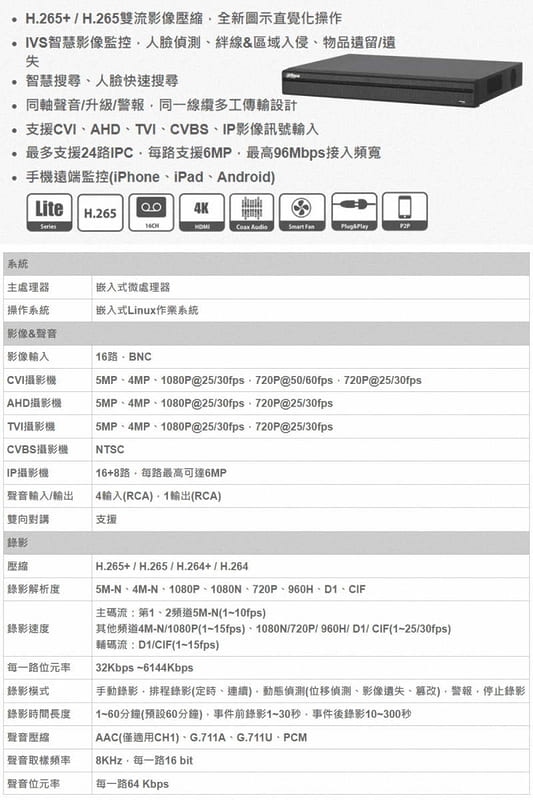 《公司貨含稅》DAHUA DH-XVR5216A-X  16路智慧型五合一XVR錄影主機 【售完為止】