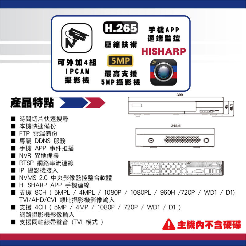 昇銳公司貨 HS-HU8311 台灣製 昇銳 HISHARP 8路8聲 H.265 500萬 錄影主機 數位監控主機