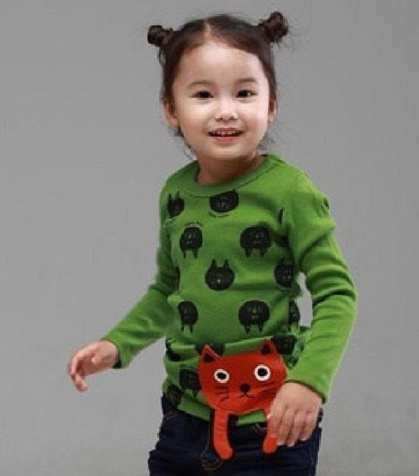 【Mini  Young】韓版童裝 滿版貓咪臉 立體貓 兒童棉T 上衣 T恤 綠色