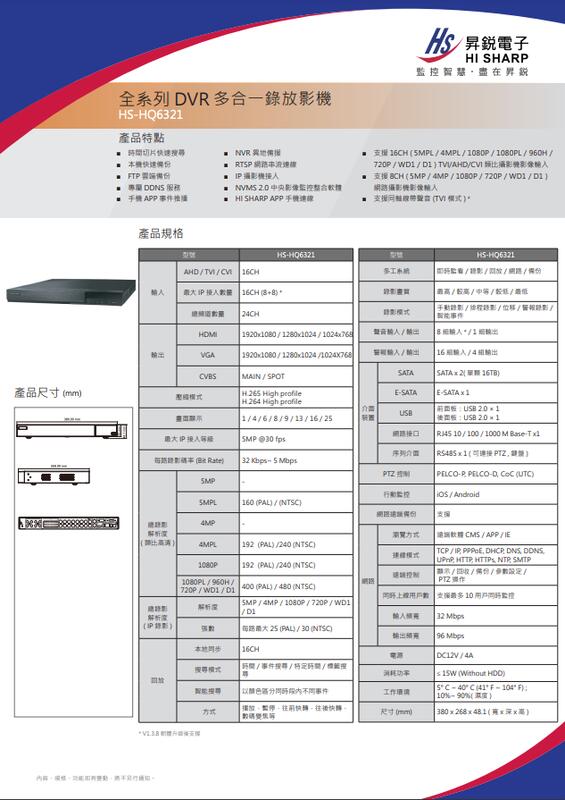 昇銳公司貨 HS-HU6321 台灣製 昇銳 HISHARP 16路H.265 500萬 錄影主機 數位監控主機