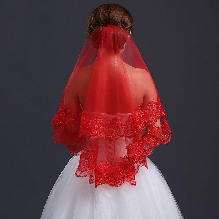 凡妮莎新娘頭紗-紅色蕾絲花邊頭紗2米-婚紗禮服飾品