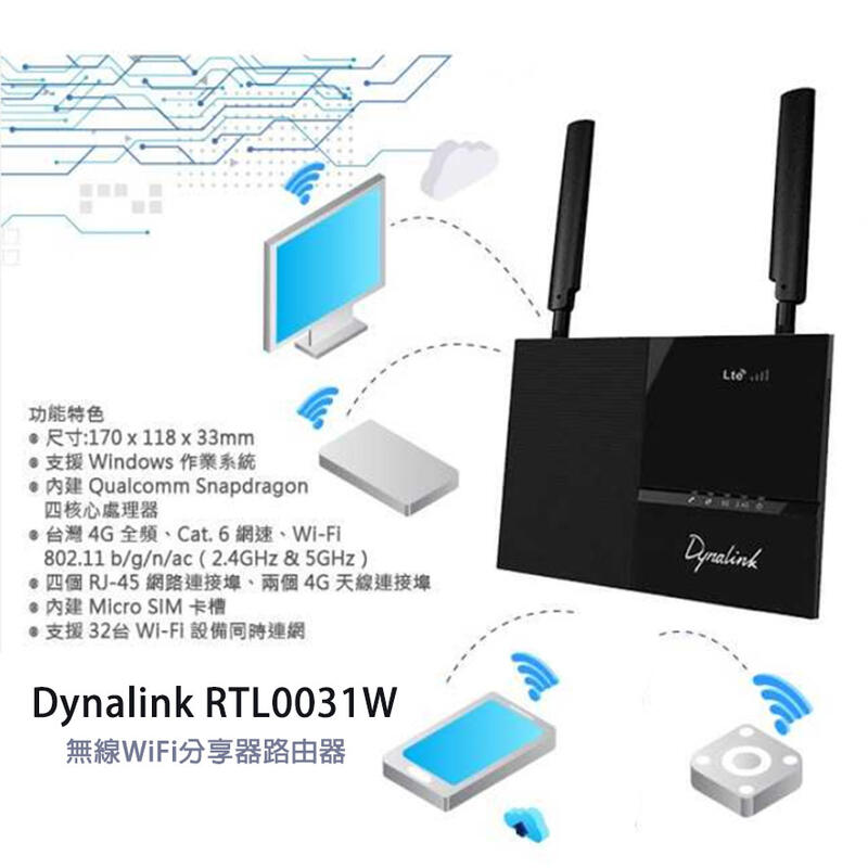 RTL0031W 4G LTE SIM卡WiFi分享器無線網卡路由器4CA~ Dynalink RTL6100W