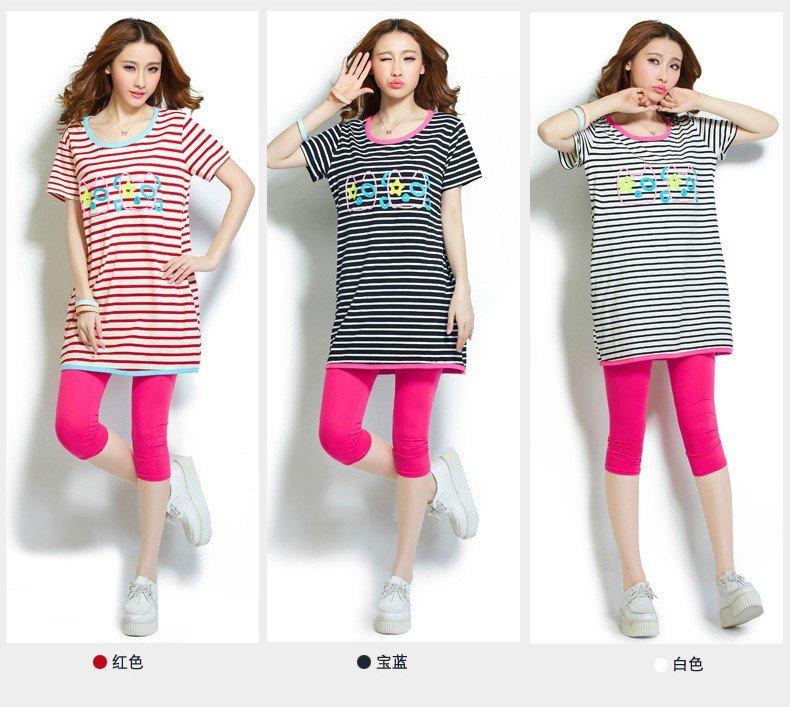 模特實拍 韓版大碼夏裝條紋刺繡貓貓寬鬆T恤8949