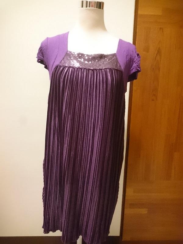 紫色亮片百褶短袖洋裝/長版