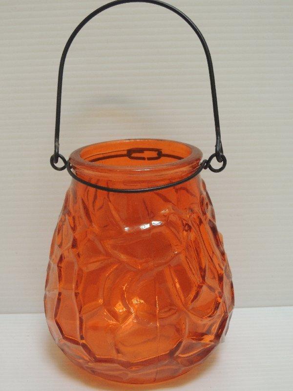 橘紅色玻璃燭台  掛杯  可種植水生植物
