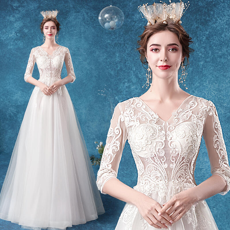 2020天使嫁衣新款 歐式古典風情性感修身蕾絲長袖深V領新娘婚紗禮服