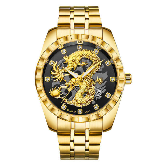 【潮裡潮氣】沃力仕龍表新款金色浮雕金龍男士手錶非機械男錶爆款成熟鋼帶手錶