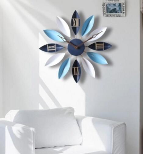 歐式 歐風藍色葉子藝術掛鐘靜音時鐘牆壁上裝潢用品房間客廳民宿掛鐘裝飾品禮品 1408b