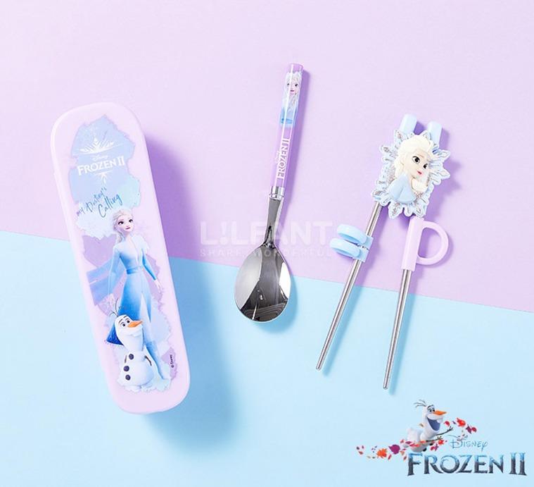 ♀高麗妹♀韓國 Disney FROZEN II 冰雪奇緣2 艾莎練習筷+湯匙+收納盒 3件式兒童餐具(現貨)