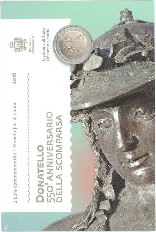 聖馬力諾 2016年 2歐元 多納泰羅逝世550週年 雙金屬 卡裝紀念幣 稀有