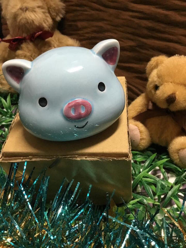 台灣製造 全新 小型  可愛藍小豬瓷撲滿：（附紙盒）