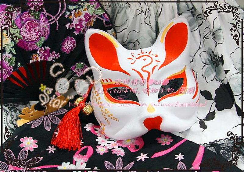 【貓熊繽雰】現貨日本神社祭典華麗狐狸面具 和風紅色鈴鐺手繪貓咪流蘇面罩lolita/Gothic/punk日系甜美公主表