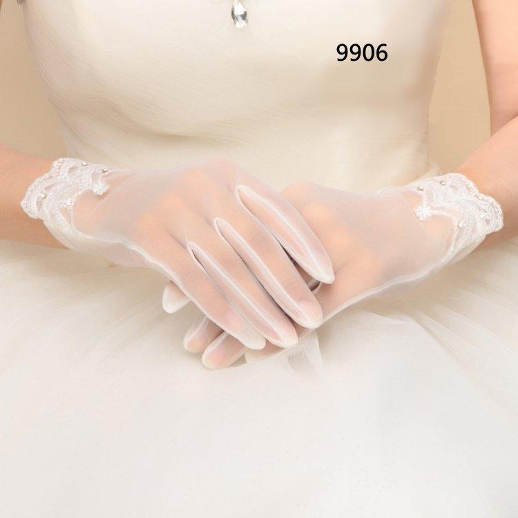 米白色 薄網紗 燙鑽 蕾絲 新娘 結婚 婚紗 晚宴 禮服 短手套 高貴 典雅 禮服 配件 造型 - 9906
