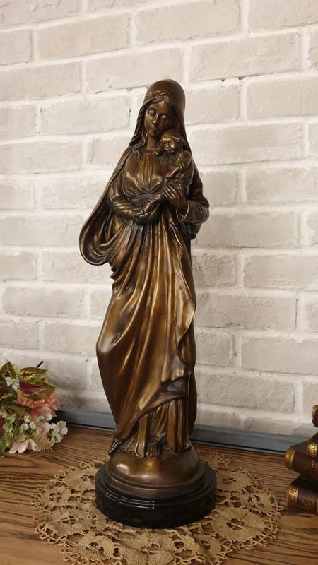 【卡卡頌  歐洲古董】法國老件 聖母聖嬰 基督 大理石座 簽名 銅雕  雕塑品 m0814