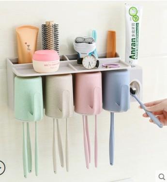 吸壁式牙刷架洗漱套裝壁掛牙刷架漱口杯吸盤式刷牙杯自動擠牙膏器