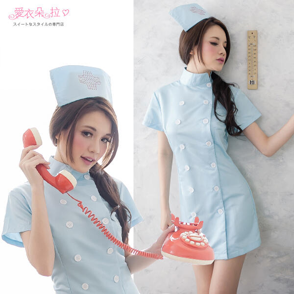 水藍色護士裝 台灣現貨 情人節禮物 雙排扣高領護士服 角色扮演遊戲服飾-愛衣朵拉C085