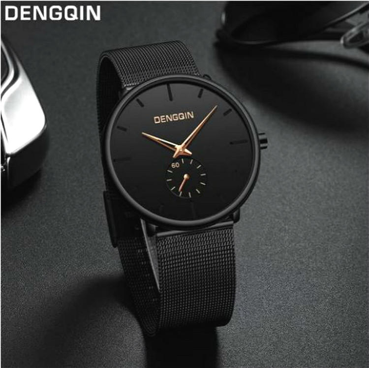 DENGQIN 正品 極致簡約 超薄創意概念光學魅影氣質時尚型男石英錶 男錶 獨立小秒盤 米蘭編織不銹鋼電鍍錶帶 送禮