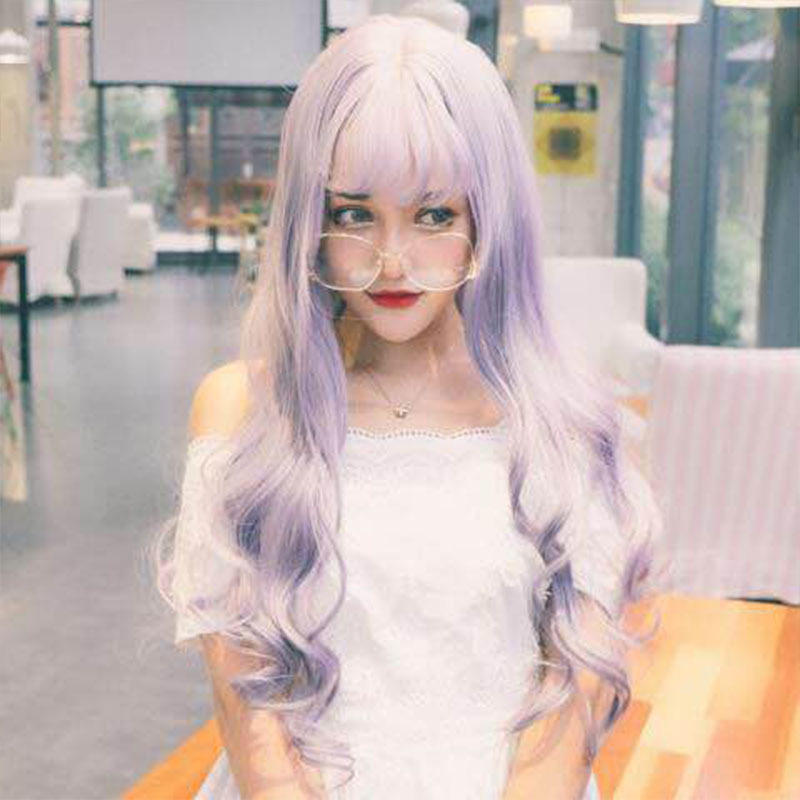 cosplay假髮 女生紫色大波浪卷髮 高溫絲空氣劉海大波浪卷髮