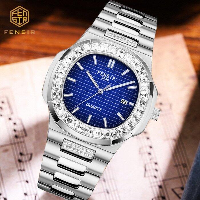 【潮裡潮氣】FENSIR/芬仕鑲鑽手錶跨境百搭日曆表芬仕男士手錶格子閃鑽