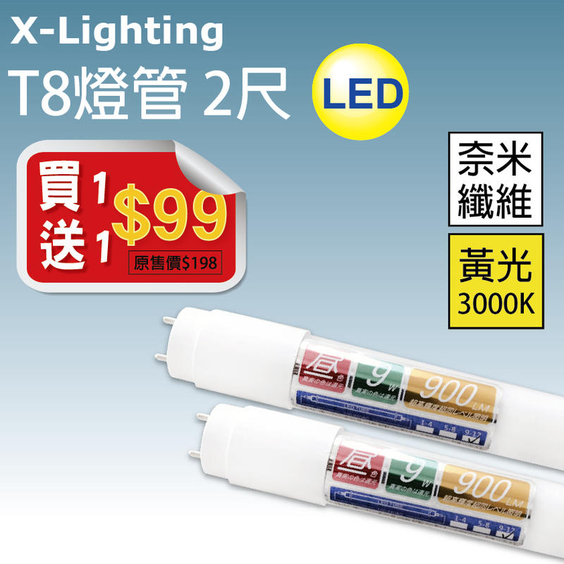 缺!賠本出清 買1送1 LED T8 2尺 9W 奈米玻纖 燈管 黃光 全周光 照明 取代螢光燈管(10W)EXPC