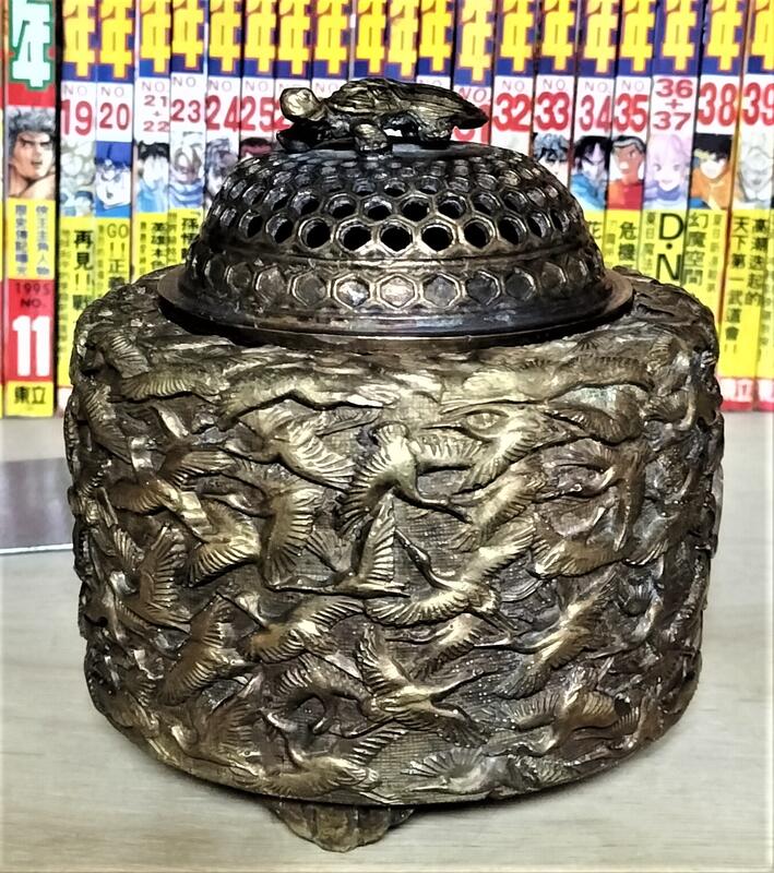 阿悟的倉庫】日本高岡銅器名家佐野宏采作華鶴14cm 稀有大型燻香爐龜鶴 