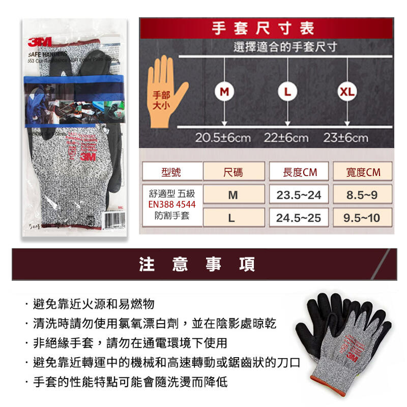 宇慶ASAHI 附發票｜3M-553｜五級防割手套 舒適型防切割 止滑耐磨手套 防割保護 耐磨 防滑 透氣性 防寒手套 | 露天市集 | 全台 ...