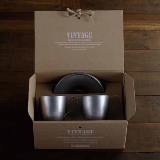 【Aoyoshi青芳製作所】VINTAGE不銹鋼咖啡杯雙人組100ml不鏽鋼咖啡杯組 咖啡杯咖啡盤雙人組(禮盒裝)日本製