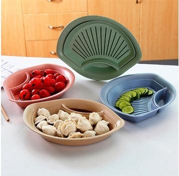 小麥桿扇形水餃碟附沾醬盤多用途瀝水碟可當水果,蔬菜,零食碟#90