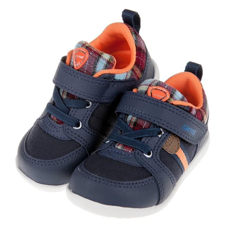 童鞋(13~19公分)Moonstar日本深藍紳士橘格紋兒童機能運動鞋I9R495B