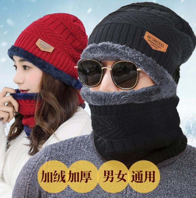 秋冬雙層加絨加厚保暖防寒男女通用情侶款毛線棉帽圍脖二件套套裝