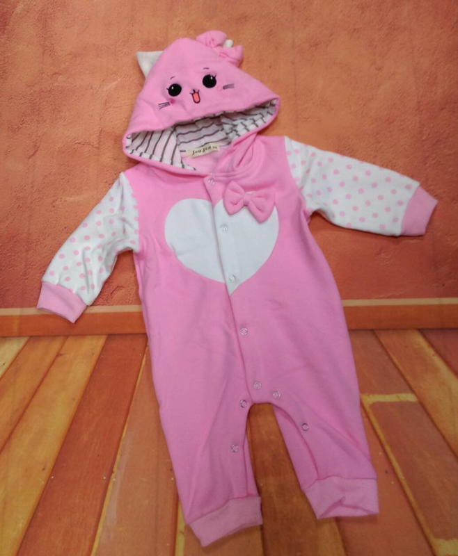新竹金奇童裝兒童粉色點點貓咪連身衣冬天款不倒絨厚連身衣