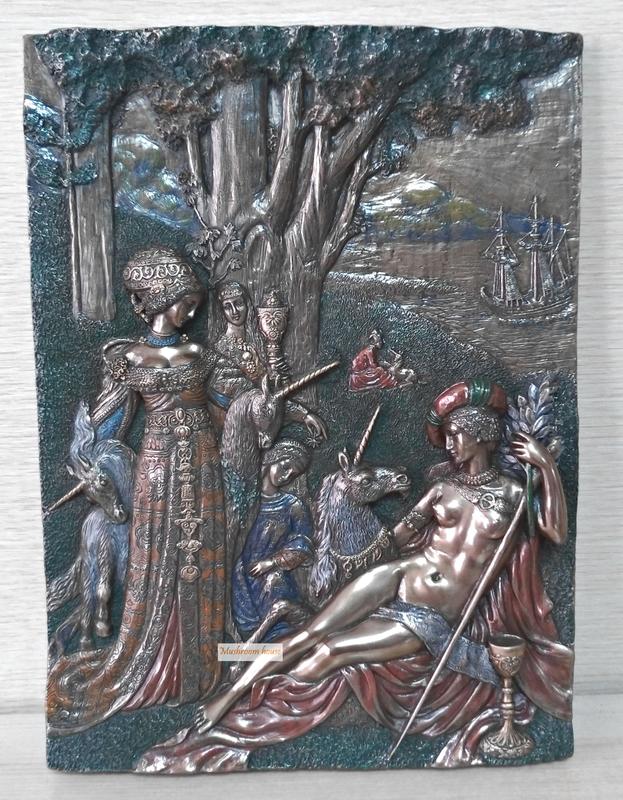 點點蘑菇屋 歐洲進口希臘神話系列女人與獨角馬仿銅岩磚壁飾 獨角獸 壁掛 掛飾 精緻飾品 藝術品 現貨 免運費