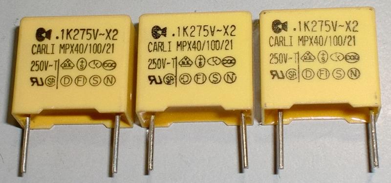 塑膠安規電容X2 (CARLI MPX 275V 0.1UF )13*6*12(短腳)黃色 ±10% MPX104