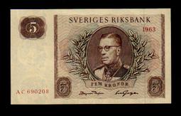【低價外鈔】瑞典1954~63年 5Kronor 瑞典克朗 紙鈔一枚 P42&50 絕版少見~(約95~98新)