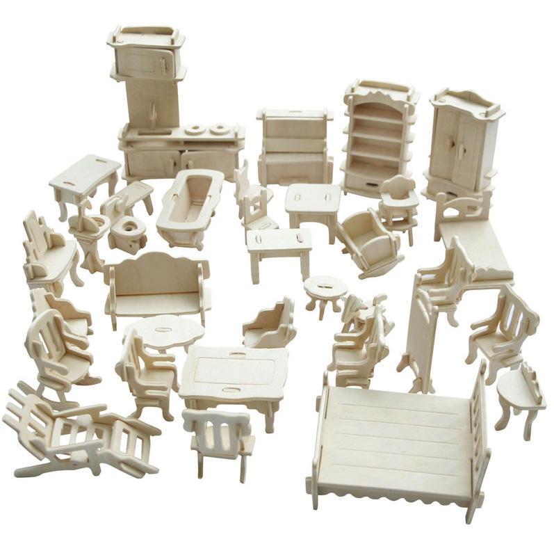 假日店_DIY拼裝模型 34件迷你家具 傢俱  木頭迷你小家具 拼裝紙板 一套