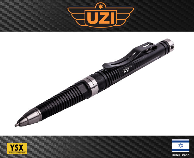 以色列UZI烏茲戰術筆防身筆(黑色)鋁合金筆身轉動式出筆附玻璃擊碎器背夾【UZITP8BK】