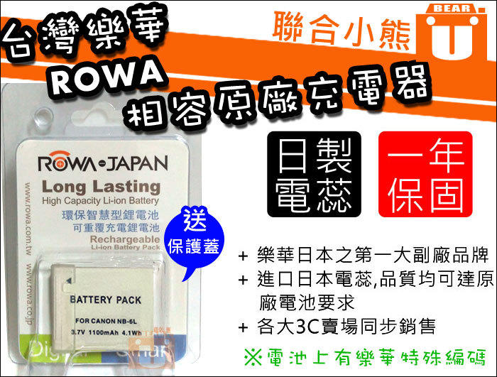 【聯合小熊】台灣樂華 ROWA 電池 相容原廠 CANON NB-6L NB-6LH SX270 SX280 S90