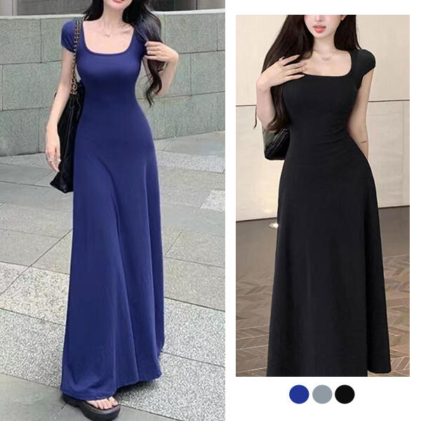 Jasmine Dress 純色疊領短袖貼身傘型連身裙 - Black 黑色 (CB593) main image 1