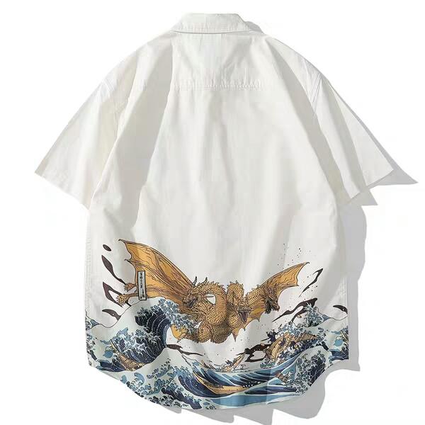 怪獸之王哥斯拉基多拉潮牌短袖襯衫男女夏季青少年個性神奈川海浪