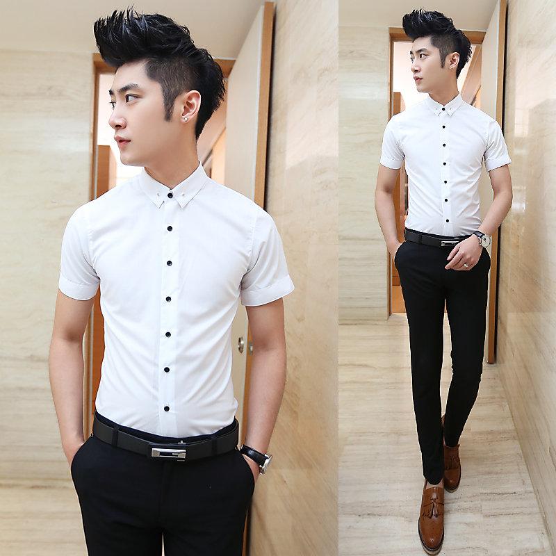 2014男式夏裝最新韓版潮流修身短袖襯衣 男式潮流百搭短袖襯衫