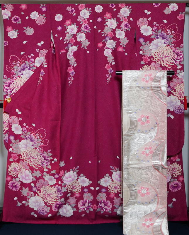 特價 日本和服 振袖 最高級禮裝 紅寶石色金通地百花模様染振袖搭銀系地孔雀羽花紋模様織袋帯 組合