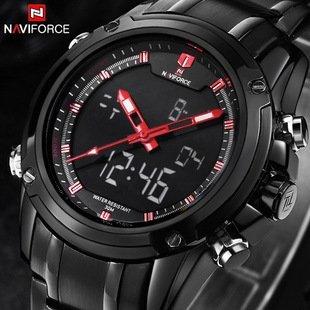 LED雙顯錶軍錶非g-shock精工SEIKO鋼帶錶雙顯示機芯時尚黑帶紅字鋼帶錶男錶軍錶雙色【NA102】