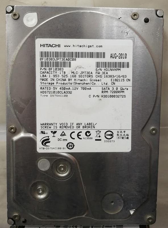 二手不良品  HITACHI 1TB / HDS721010CLA332 硬碟