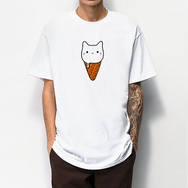 Ice Cream Cat 短袖T恤 白色 歐美潮牌 冰淇淋 貓 設計 可愛 趣味 印花潮T