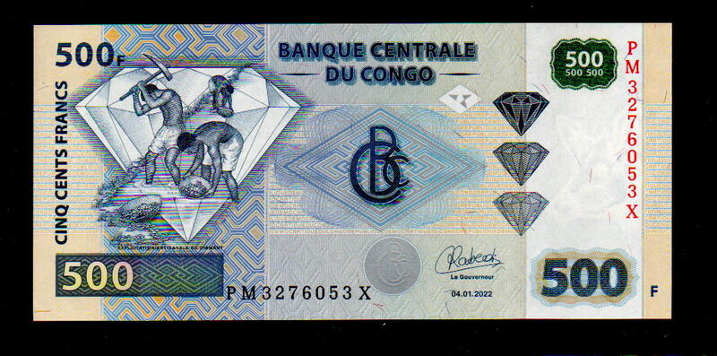 【低價外鈔】剛果 2022年 500FR 紙鈔一枚，鑽石與雨林部落圖案，最新年份