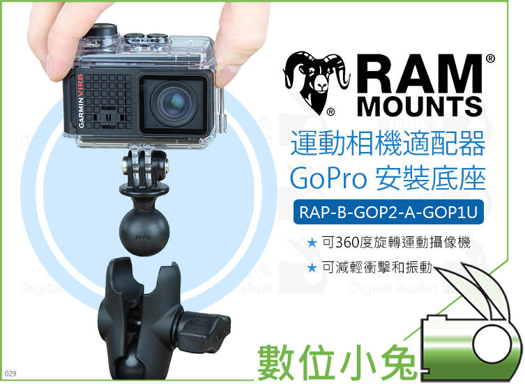 數位小兔【RAM RAP-B-GOP2-A-GOP1U 運動相機適配器 GoPro 安裝底座】安裝座 機車 車架 魔術臂